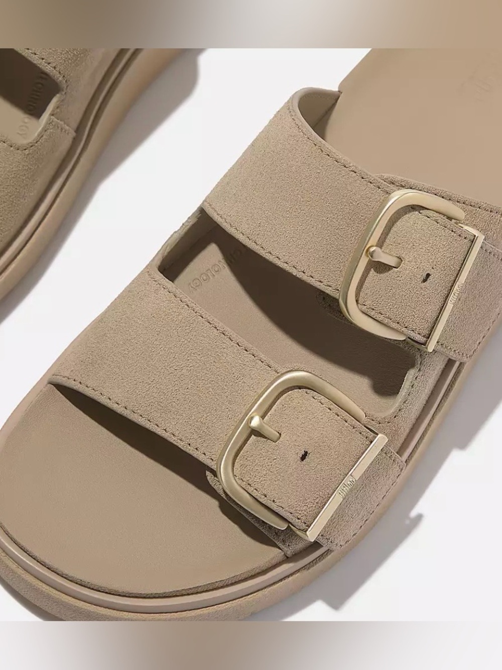 Fit Flop Women’s Beige Double-Buckle Suede Slide Sandal